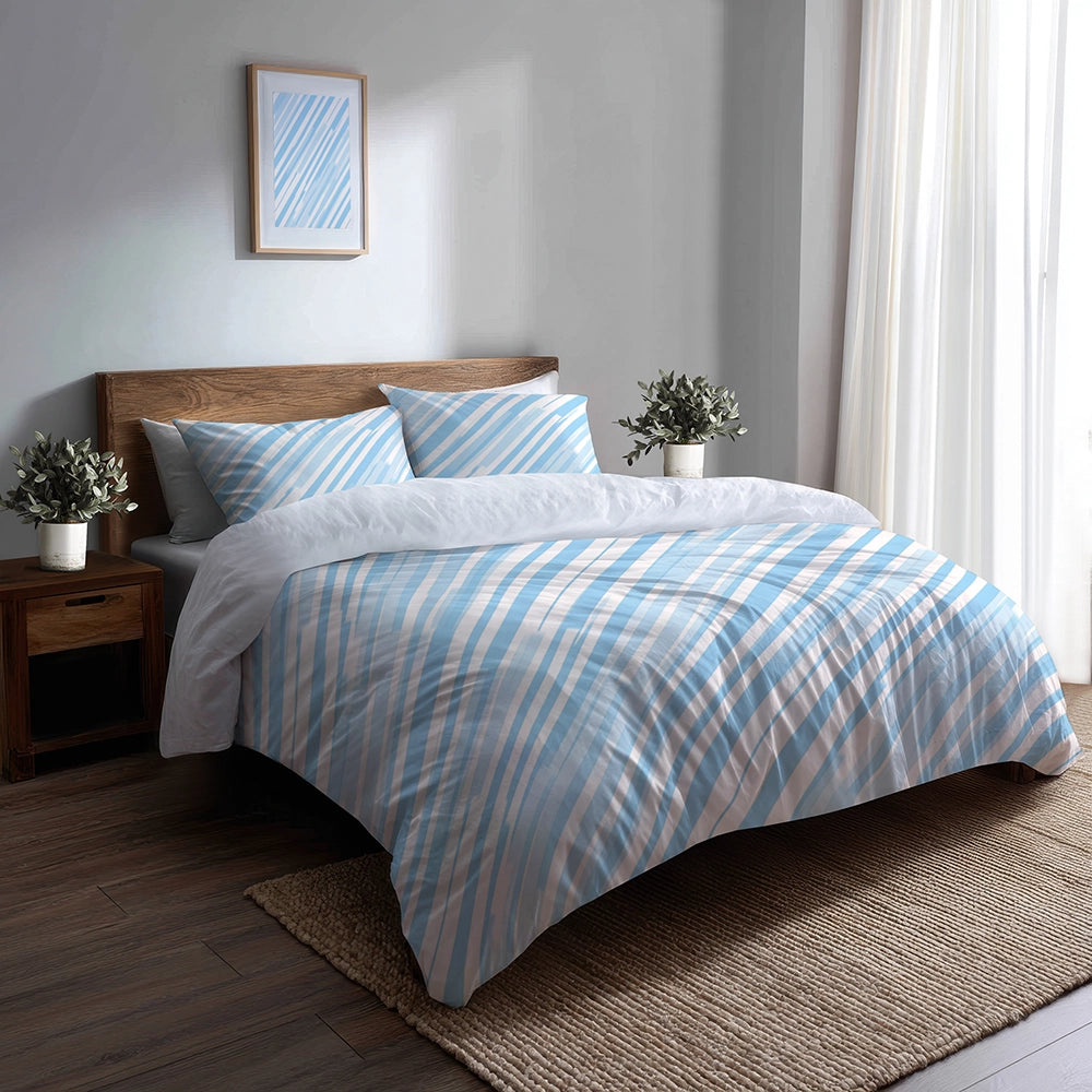 Striped Bedding Set 5 Pcs - Blue And White Glacier Lines Duvet Cover And Throw Pillow Set