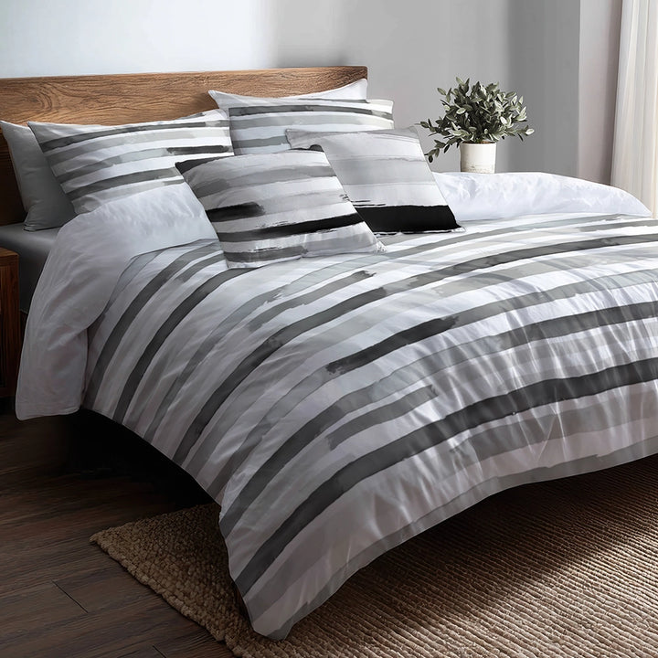 Striped 5 Pcs Bedding Set - Grey And White Featherlight Lines Duvet Cover And Pillow Set