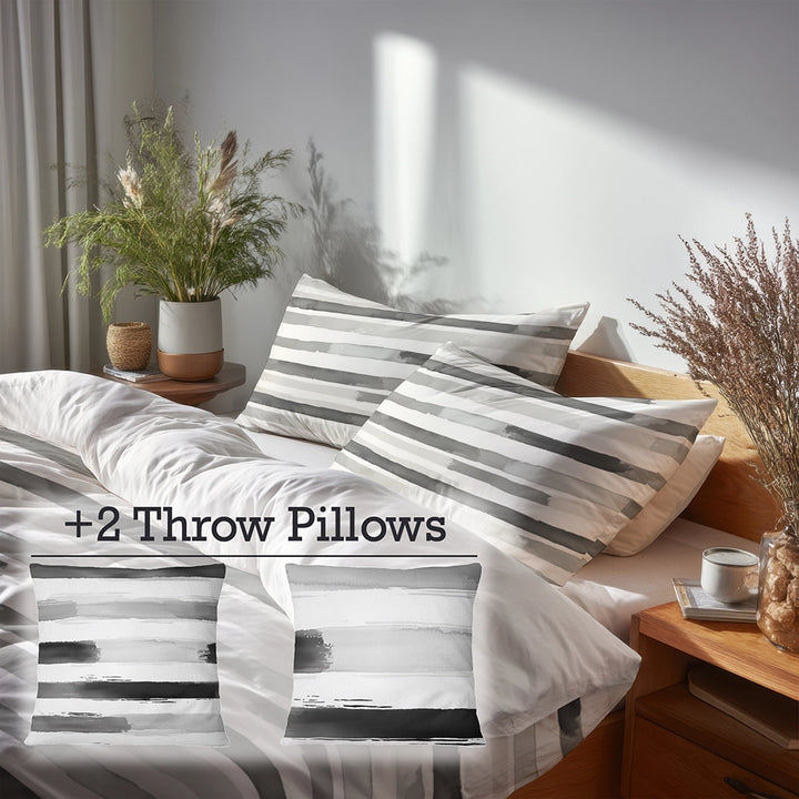 Striped 5 Pcs Bedding Set - Grey And White Featherlight Lines Duvet Cover And Pillow Set