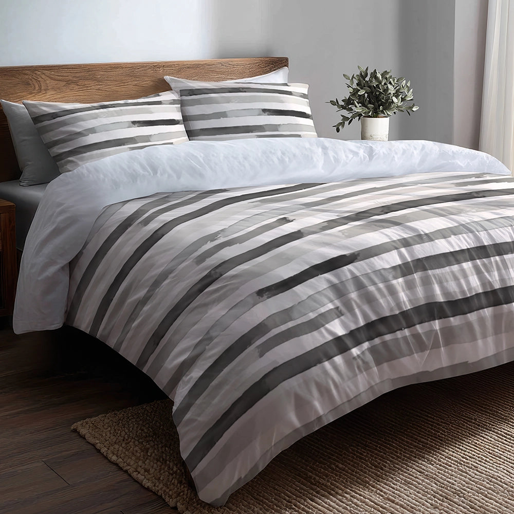 Striped 5 Pcs Bedding Set - Grey And White Featherlight Lines Duvet Cover And Pillow Set