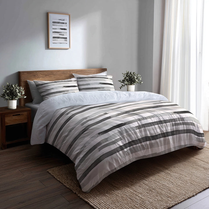 Striped 5 Pcs Bedding Set - Grey And White Featherlight Lines Duvet Cover And Pillow Set