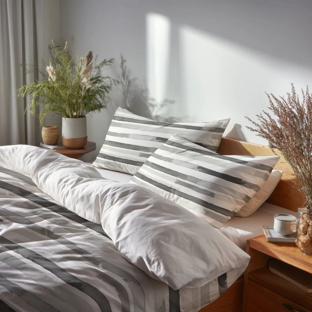 Striped 5 Pcs Bedding Set - Grey And White Featherlight Lines Duvet Cover And Pillow Set