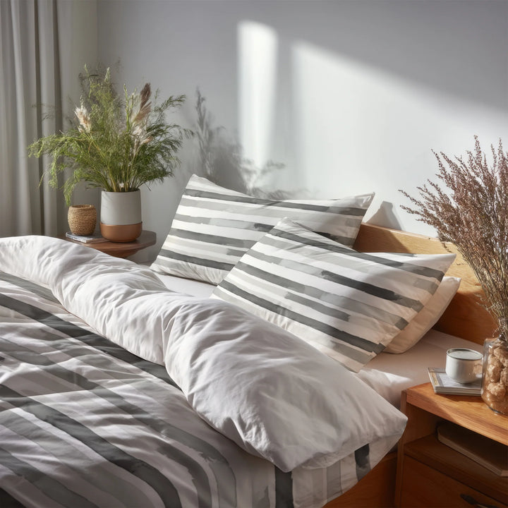 Striped 5 Pcs Bedding Set - Grey And White Featherlight Lines Duvet Cover And Pillow Set