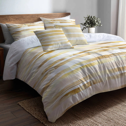 Modern Bedding Set of 5 - Pale Gold Lines Duvet Cover And Throw Cushion Set