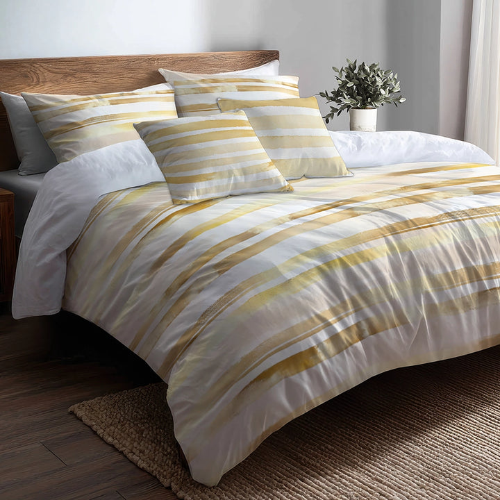 Modern Bedding Set of 5 - Pale Gold Lines Duvet Cover And Throw Cushion Set