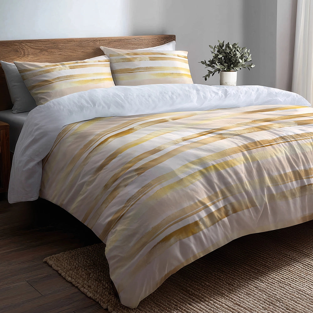 Modern Bedding Set of 5 - Pale Gold Lines Duvet Cover And Throw Cushion Set