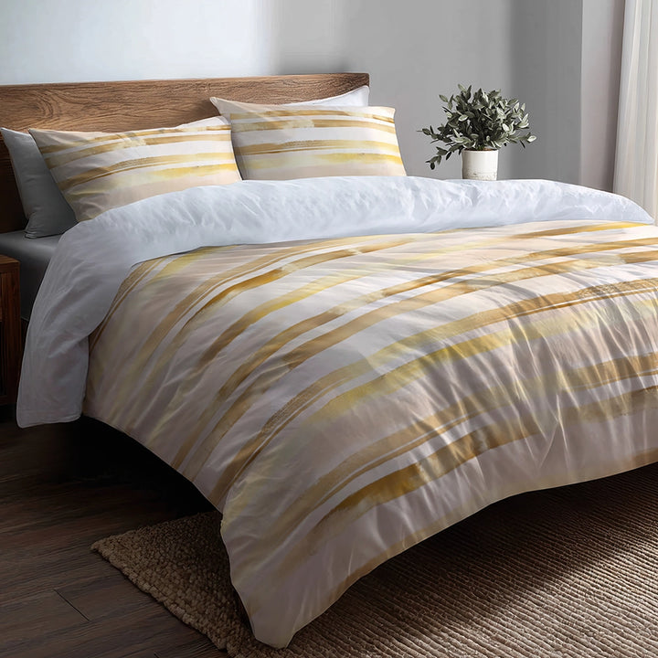 Modern Bedding Set of 5 - Pale Gold Lines Duvet Cover And Throw Cushion Set