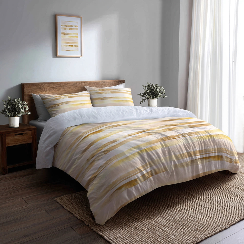 Modern Bedding Set of 5 - Pale Gold Lines Duvet Cover And Throw Cushion Set