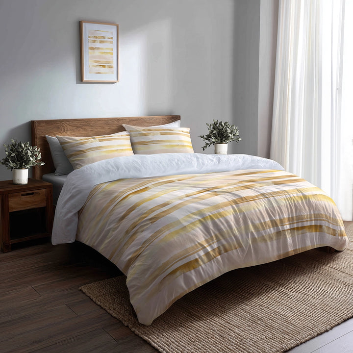 Modern Bedding Set of 5 - Pale Gold Lines Duvet Cover And Throw Cushion Set