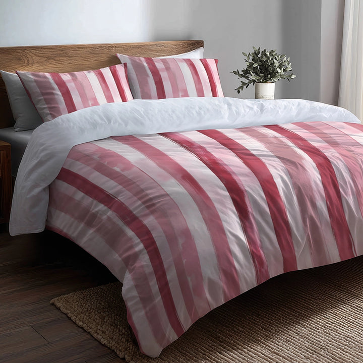French Country Bedding Set of 3 - Pink Ink Stripes Duvet Cover with Shams