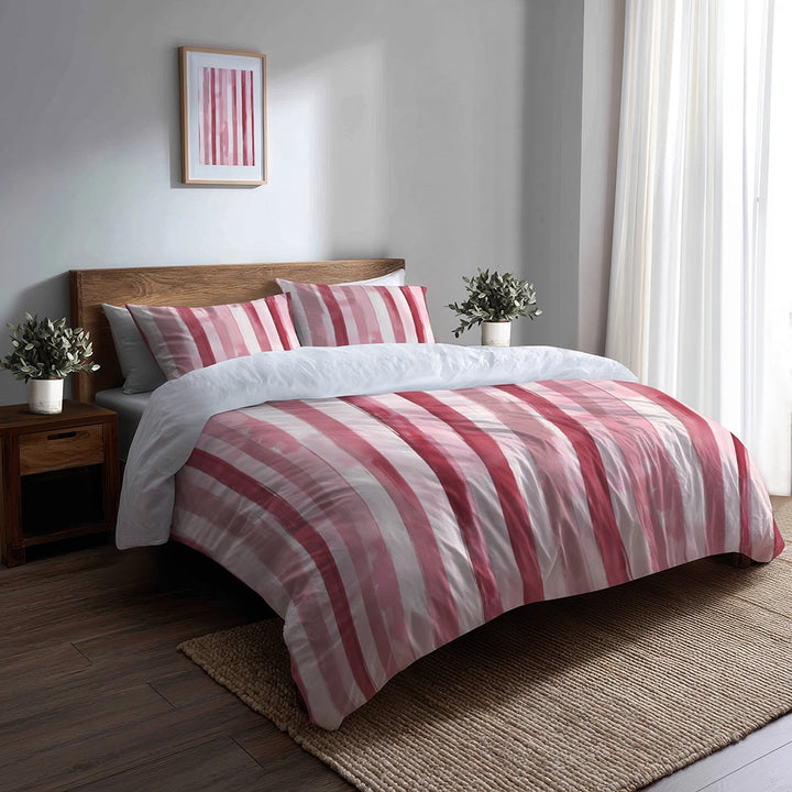 French Country Bedding Set of 3 - Pink Ink Stripes Duvet Cover with Shams