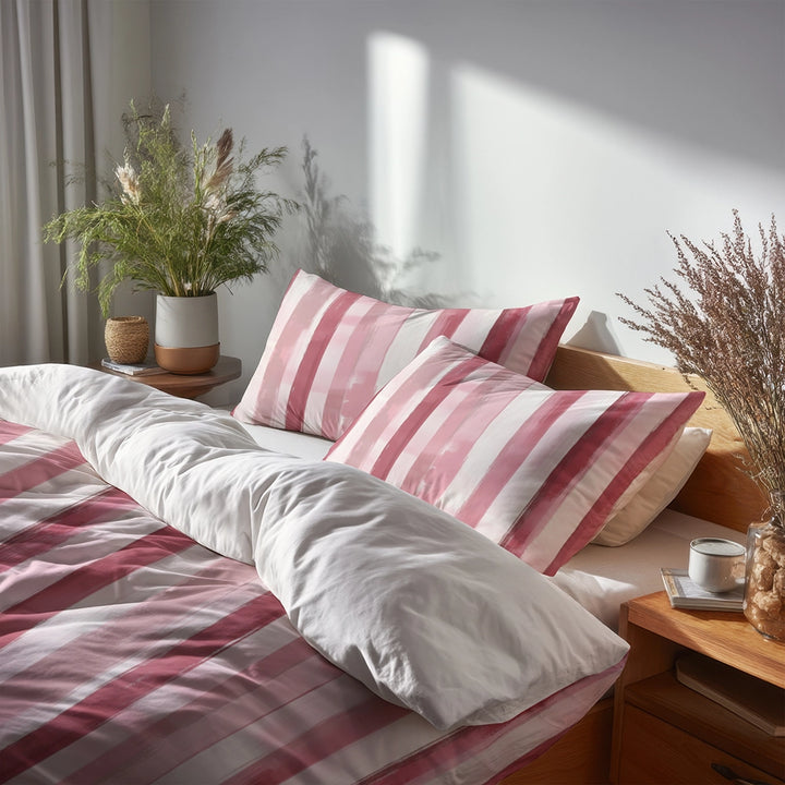 French Country Bedding Set of 3 - Pink Ink Stripes Duvet Cover with Shams