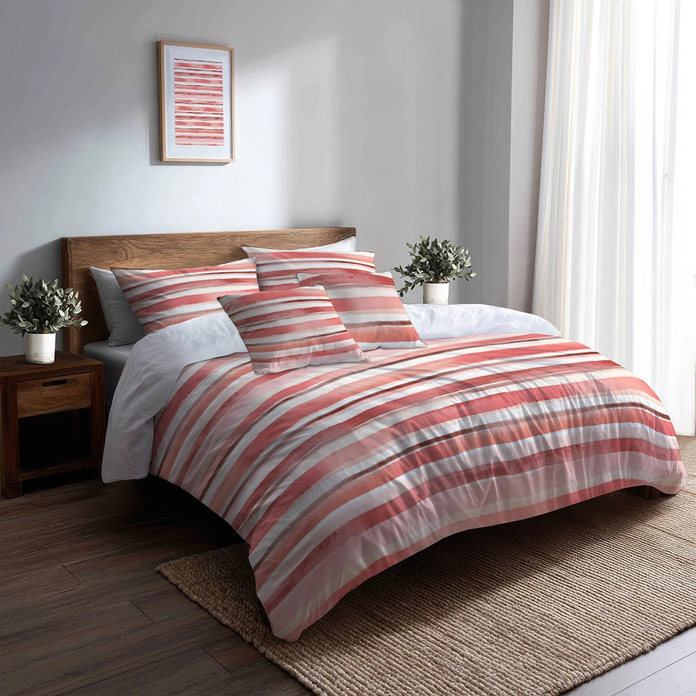 French Country Bedding Set - Pink And Beige Stripes Duvet Cover And Cushion Set
