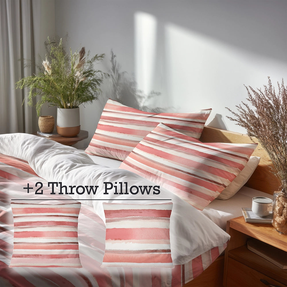 French Country Bedding Set - Pink And Beige Stripes Duvet Cover And Cushion Set