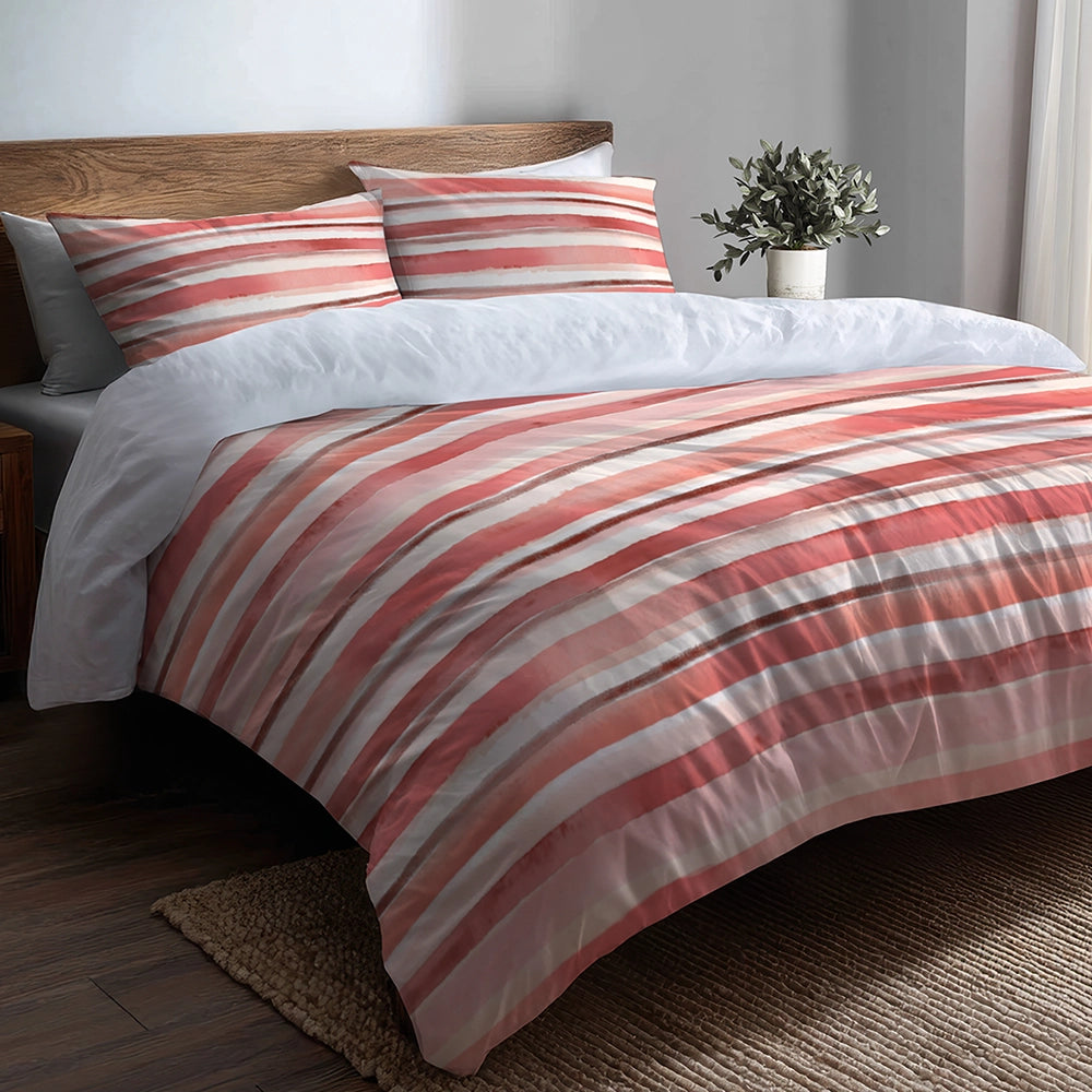 French Country Bedding Set - Pink And Beige Stripes Duvet Cover And Cushion Set