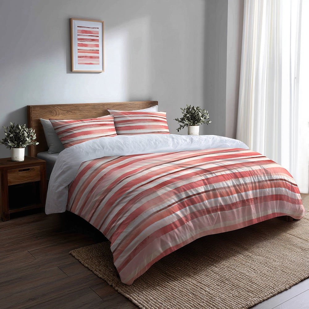 French Country Bedding Set - Pink And Beige Stripes Duvet Cover And Cushion Set