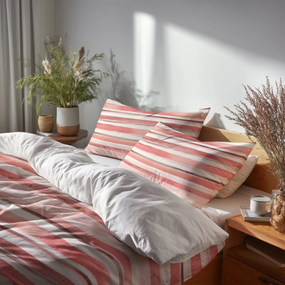 French Country Bedding Set - Pink And Beige Stripes Duvet Cover And Cushion Set