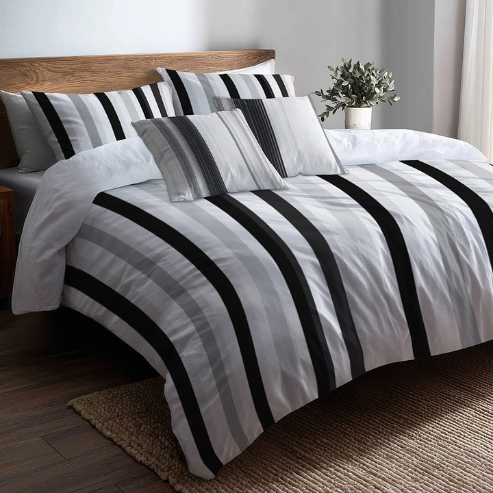 Striped 5 Pcs Bedding Set - Black And Gray Ash Stripes Duvet Cover And Pillow Set