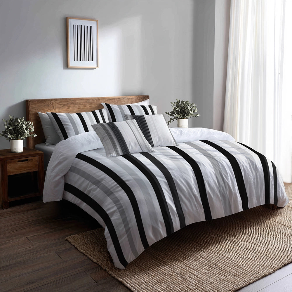 Striped 5 Pcs Bedding Set - Black And Gray Ash Stripes Duvet Cover And Pillow Set