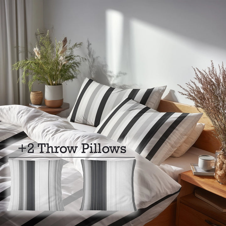 Striped 5 Pcs Bedding Set - Black And Gray Ash Stripes Duvet Cover And Pillow Set