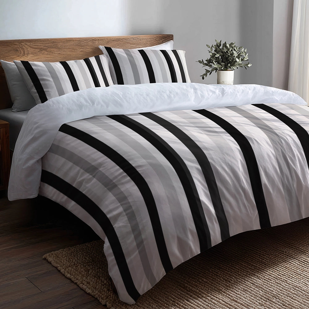 Striped 5 Pcs Bedding Set - Black And Gray Ash Stripes Duvet Cover And Pillow Set