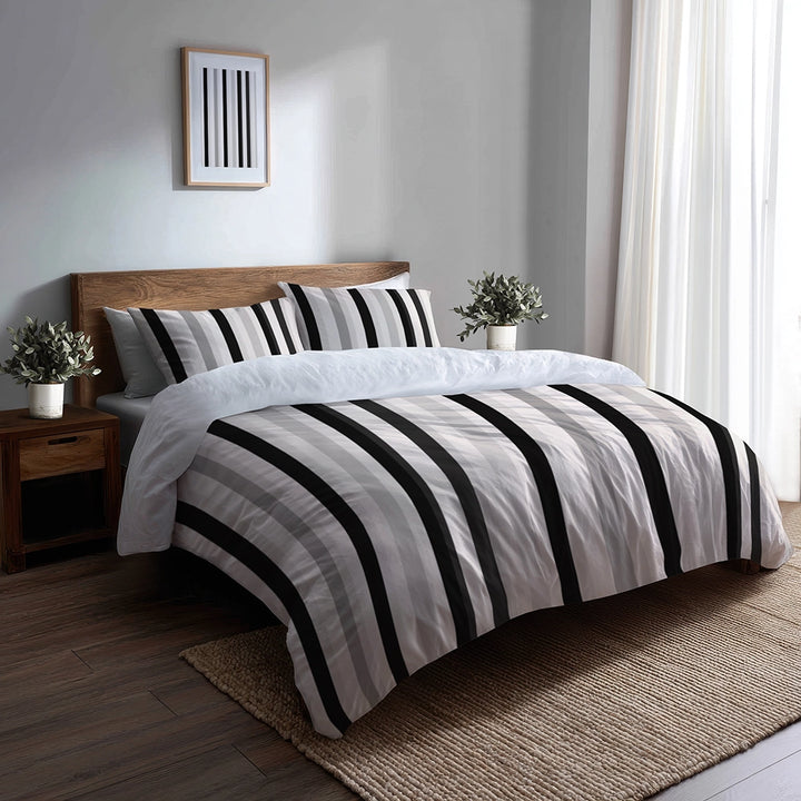 Striped 5 Pcs Bedding Set - Black And Gray Ash Stripes Duvet Cover And Pillow Set