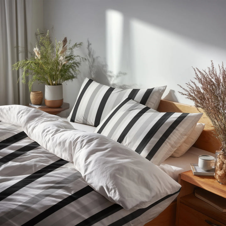 Striped 5 Pcs Bedding Set - Black And Gray Ash Stripes Duvet Cover And Pillow Set