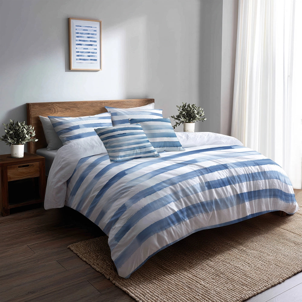 Modern Bedding Set of 5 - Blue And White Moonlit Stripes Duvet Cover And Throw Cushion Set
