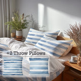 Modern Bedding Set of 5 - Blue And White Moonlit Stripes Duvet Cover And Throw Cushion Set