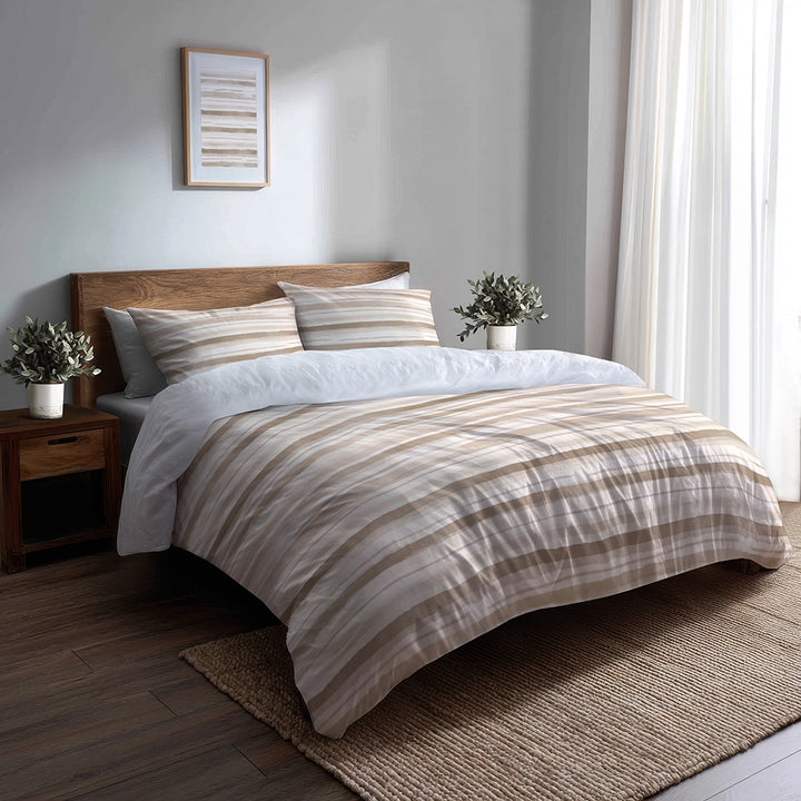 Modern Bedding Set - Beige And White Soft Linen Fade Duvet Cover And Cushion Set