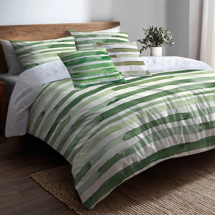 Striped 5 Pcs Bedding Set - Green And Beige Marsh Line  Duvet Cover And Pillow Set