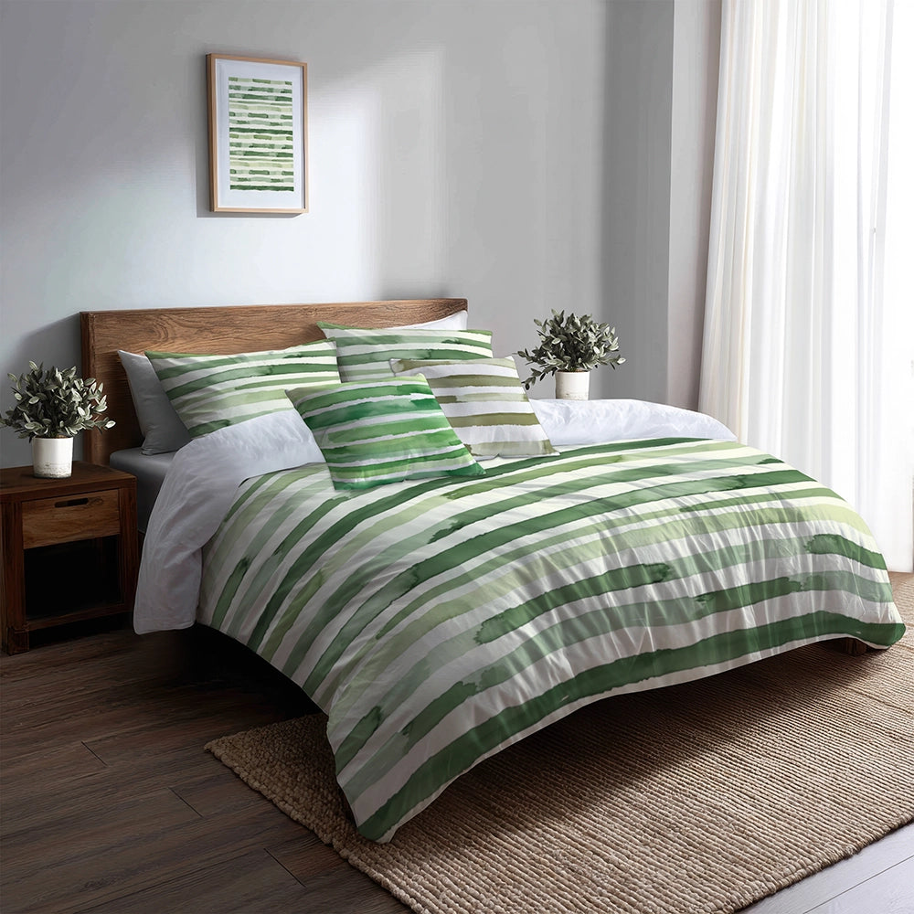 Striped 5 Pcs Bedding Set - Green And Beige Marsh Line  Duvet Cover And Pillow Set