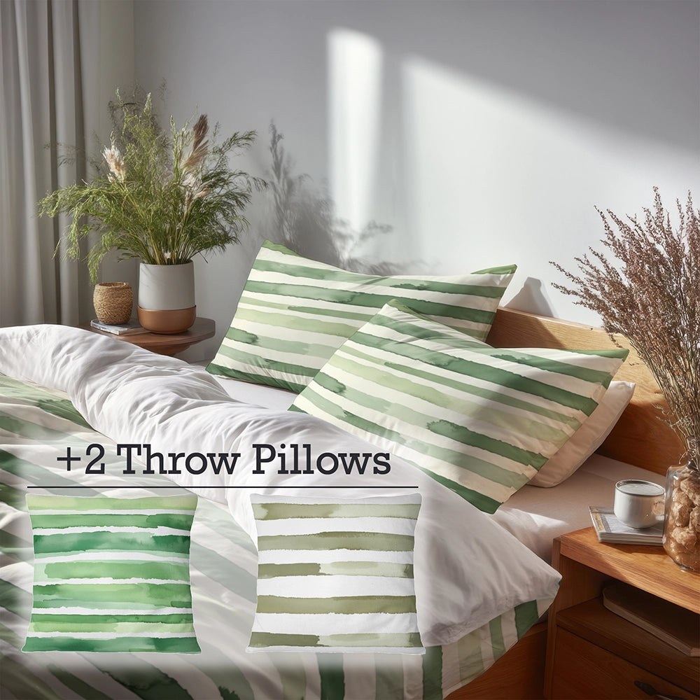 Striped 5 Pcs Bedding Set - Green And Beige Marsh Line  Duvet Cover And Pillow Set