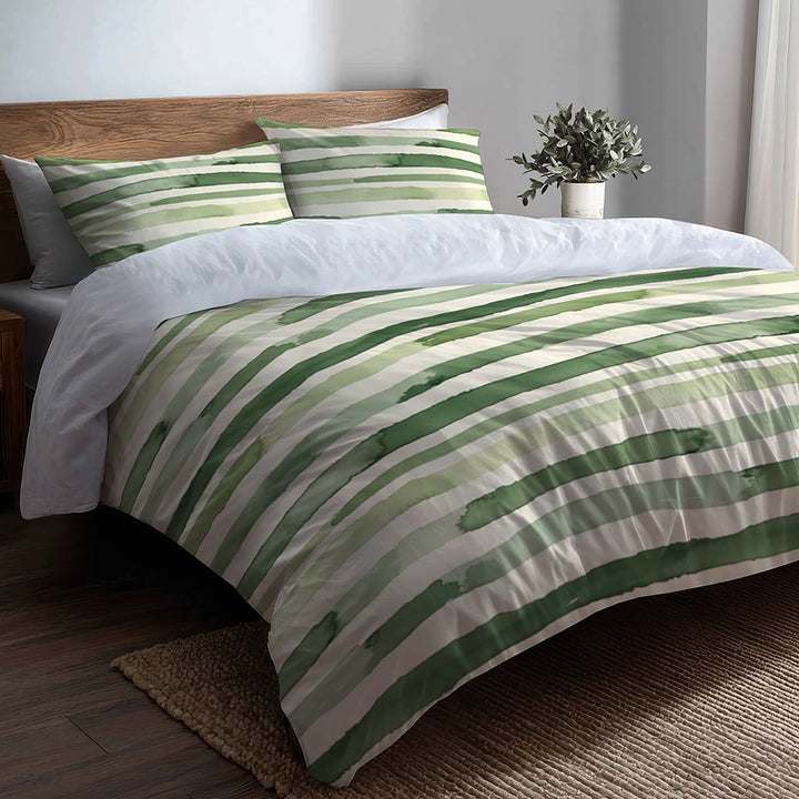 Striped 5 Pcs Bedding Set - Green And Beige Marsh Line  Duvet Cover And Pillow Set