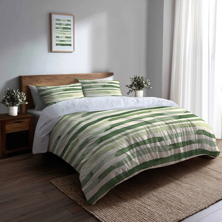 Striped 5 Pcs Bedding Set - Green And Beige Marsh Line  Duvet Cover And Pillow Set