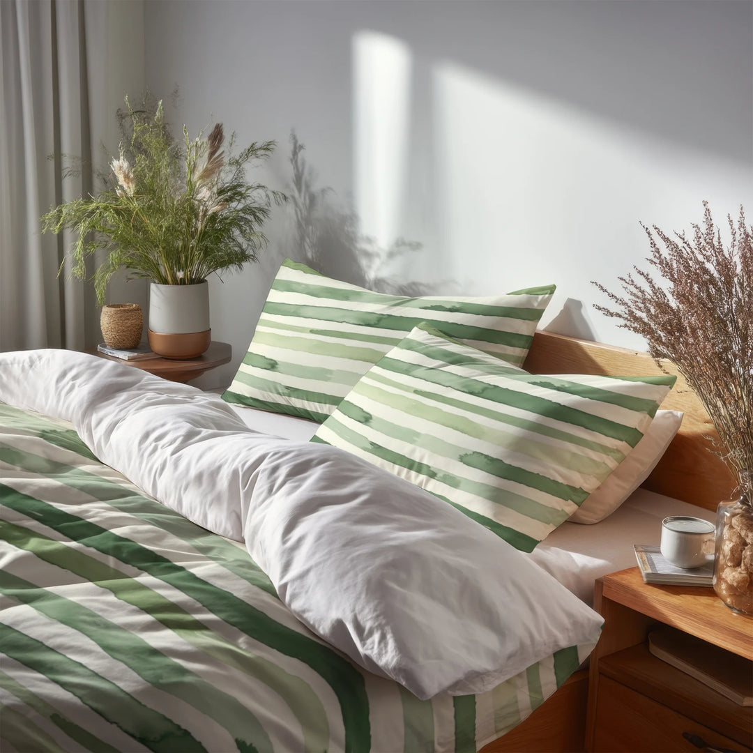Striped 5 Pcs Bedding Set - Green And Beige Marsh Line  Duvet Cover And Pillow Set