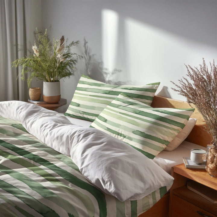 Striped 5 Pcs Bedding Set - Green And Beige Marsh Line  Duvet Cover And Pillow Set
