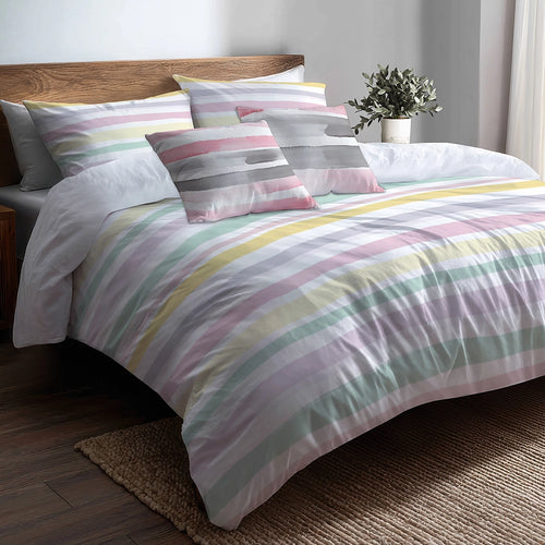 French Country Bedding Set of 5 - Pink And Yellow Summer Breeze Stripes Duvet Cover And Throw Cushion Set