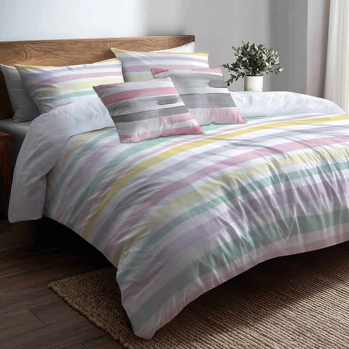 French Country Bedding Set of 5 - Pink And Yellow Summer Breeze Stripes Duvet Cover And Throw Cushion Set