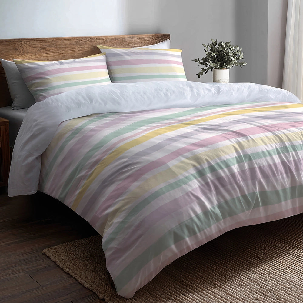 French Country Bedding Set of 5 - Pink And Yellow Summer Breeze Stripes Duvet Cover And Throw Cushion Set