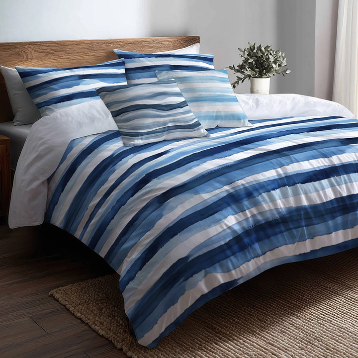 Striped Bedding Set 5 Pcs - Blue And White Calm Ocean Horizon Duvet Cover And Throw Pillow Set