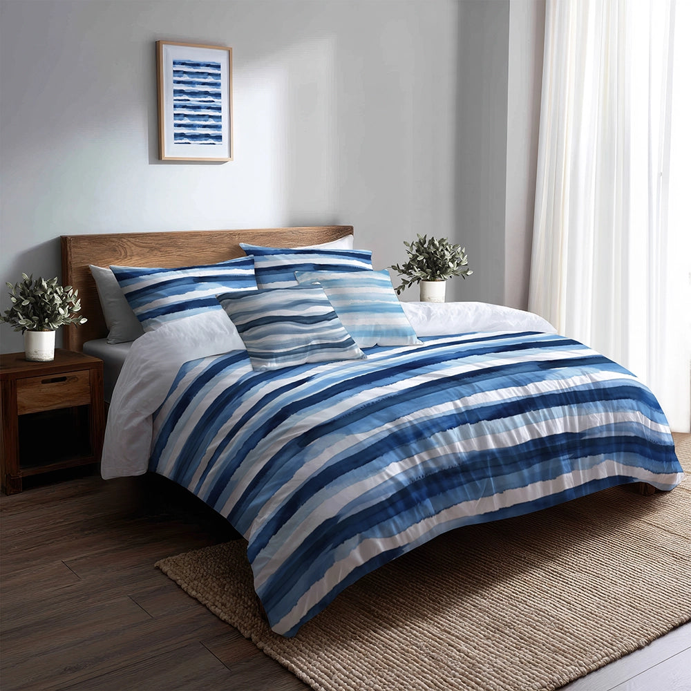 Striped Bedding Set 5 Pcs - Blue And White Calm Ocean Horizon Duvet Cover And Throw Pillow Set
