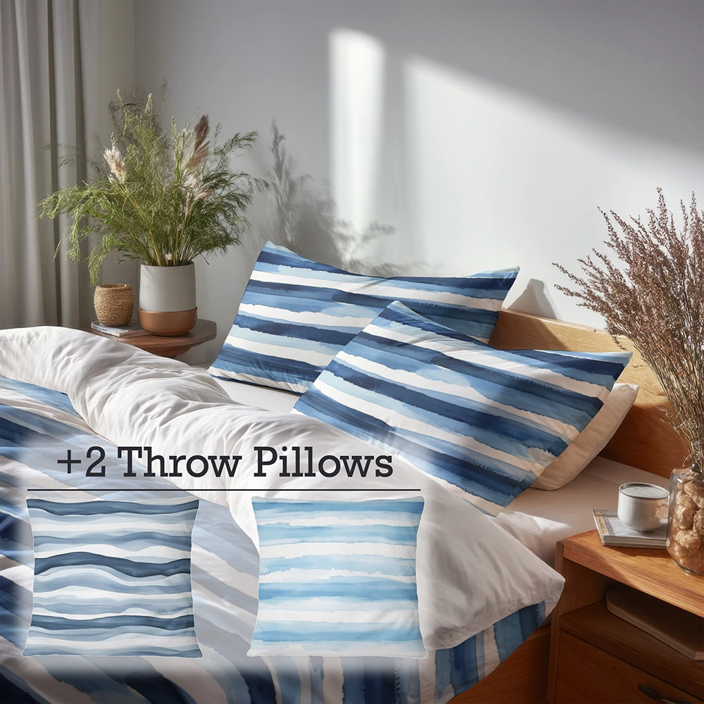 Striped Bedding Set 5 Pcs - Blue And White Calm Ocean Horizon Duvet Cover And Throw Pillow Set