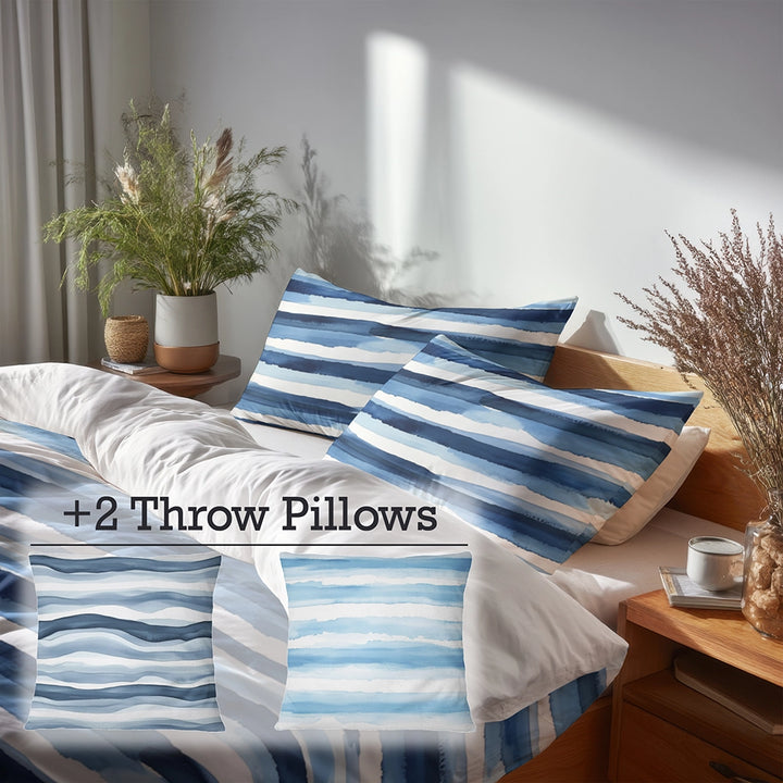 Striped Bedding Set 5 Pcs - Blue And White Calm Ocean Horizon Duvet Cover And Throw Pillow Set