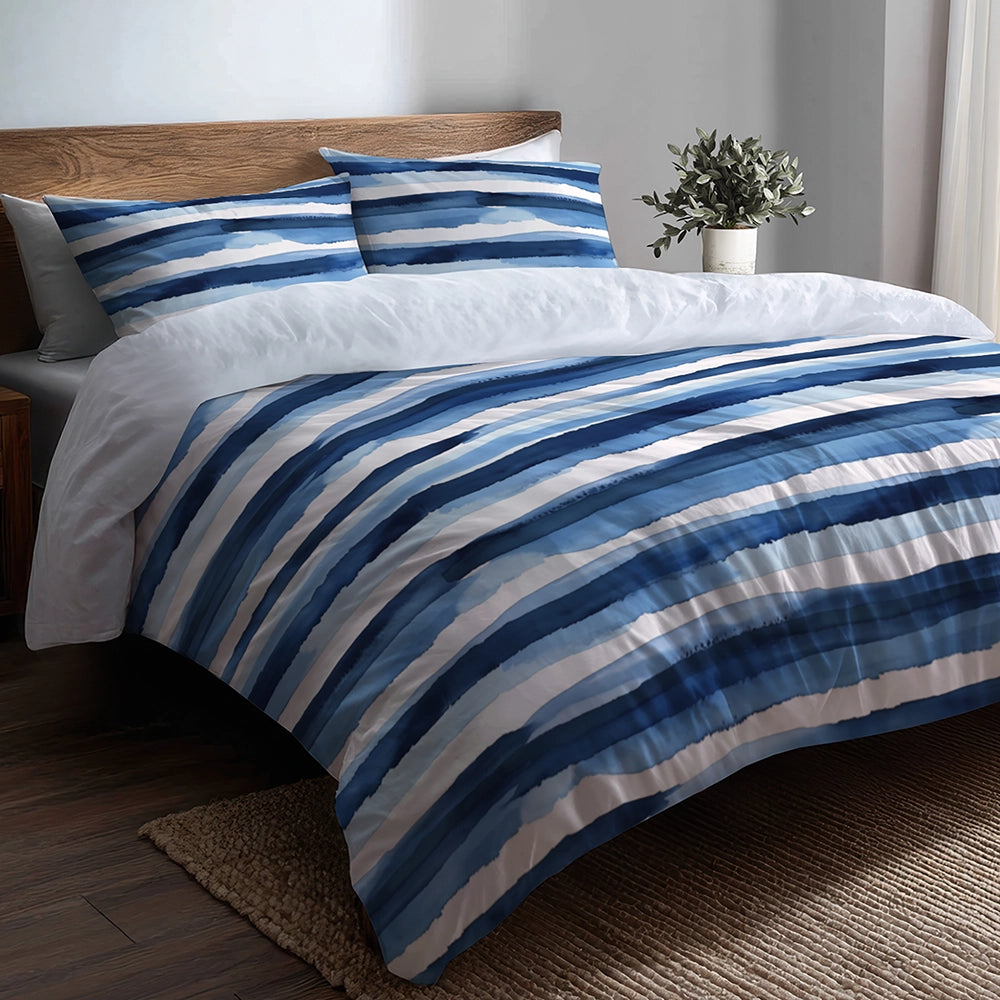 Striped Bedding Set 5 Pcs - Blue And White Calm Ocean Horizon Duvet Cover And Throw Pillow Set