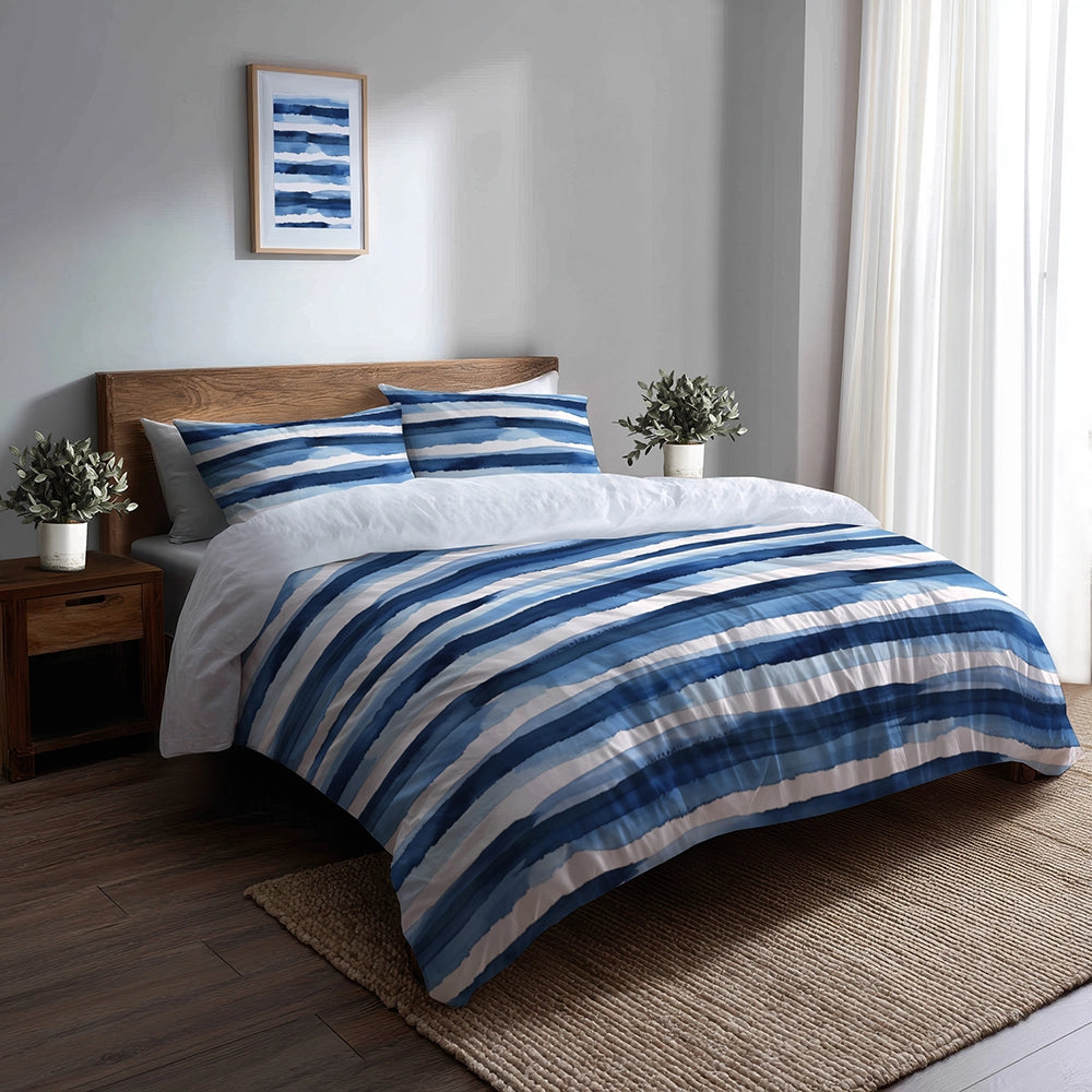 Striped Bedding Set 5 Pcs - Blue And White Calm Ocean Horizon Duvet Cover And Throw Pillow Set