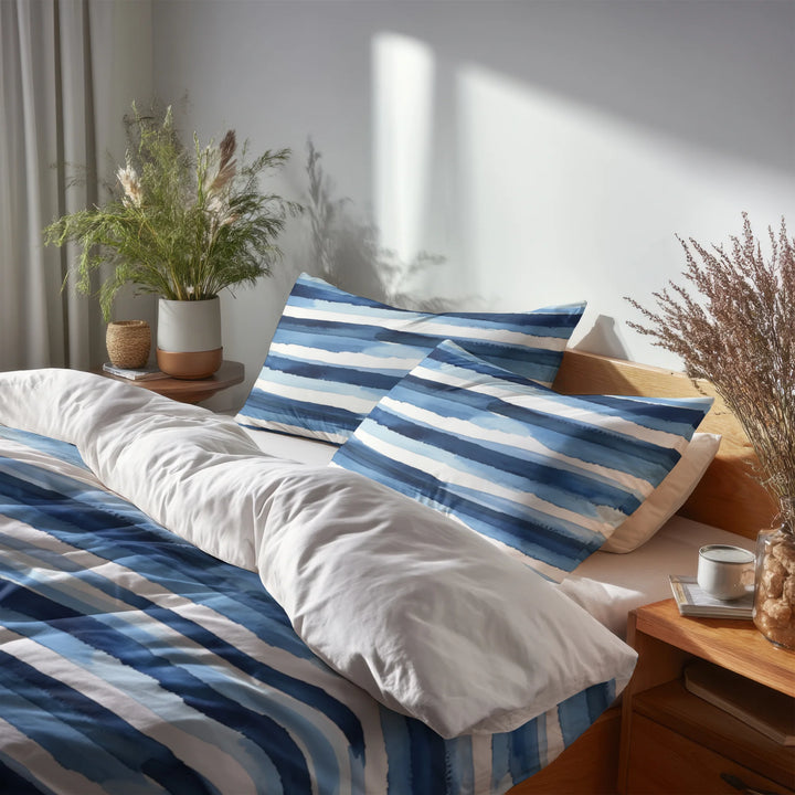 Striped Bedding Set 5 Pcs - Blue And White Calm Ocean Horizon Duvet Cover And Throw Pillow Set