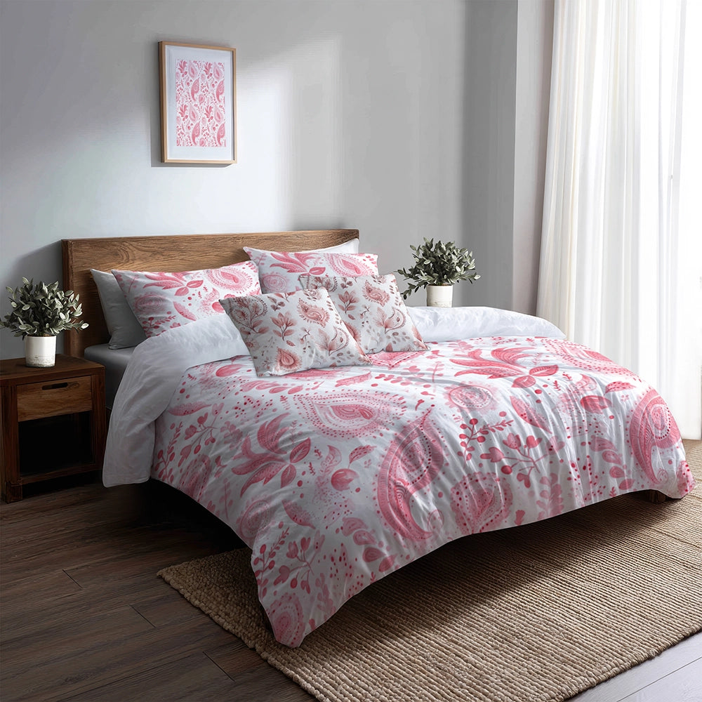 French Country Bedding Set of 5 - Red And White Delicate Paisley Duvet Cover And Throw Pillow Set