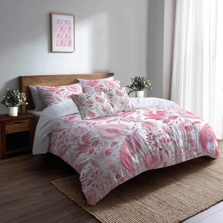 French Country Bedding Set of 5 - Red And White Delicate Paisley Duvet Cover And Throw Pillow Set