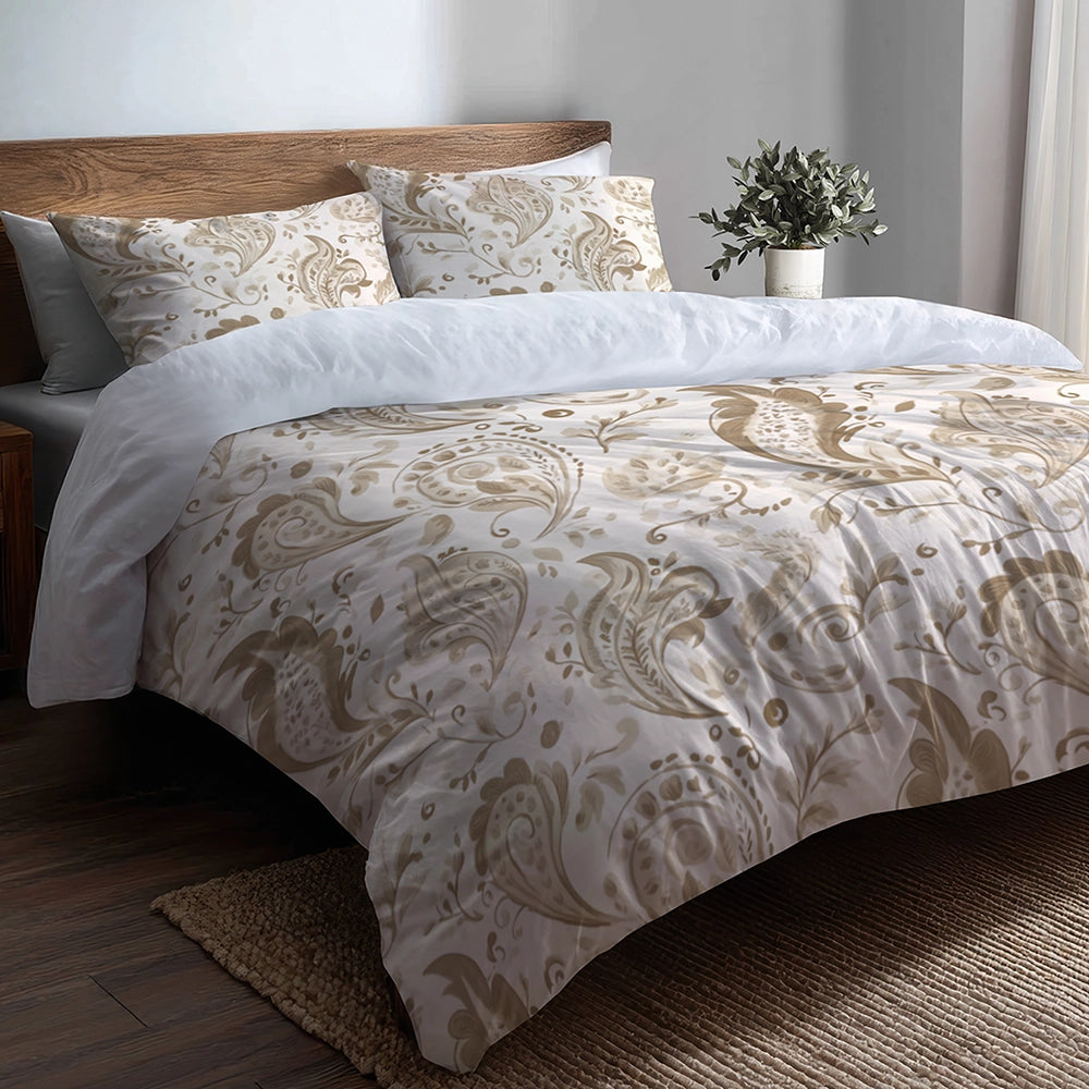 Paisley Bedding Set 5 Pcs - Beige Paisley Floral Duvet Cover And Throw Pillow Set